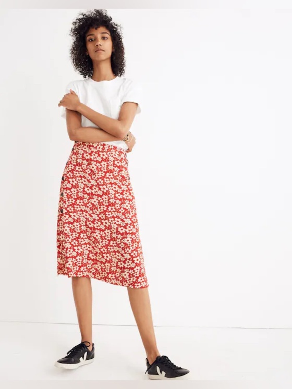 Madewell Side Button Skirt Full Bloom Floral Red Midi Skirt Vintage Inspired 0